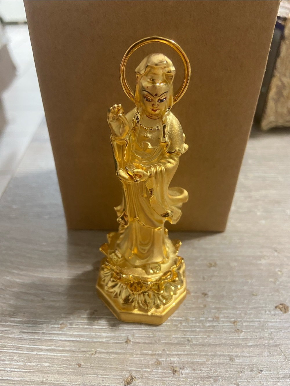 Vintage Gold Toned Stand Guan Yin Statue Figurine